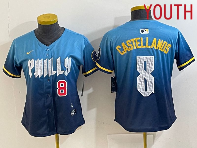 Youth Philadelphia Phillies #8 Castellanos Blue City Edition Nike 2024 MLB Jersey style 4